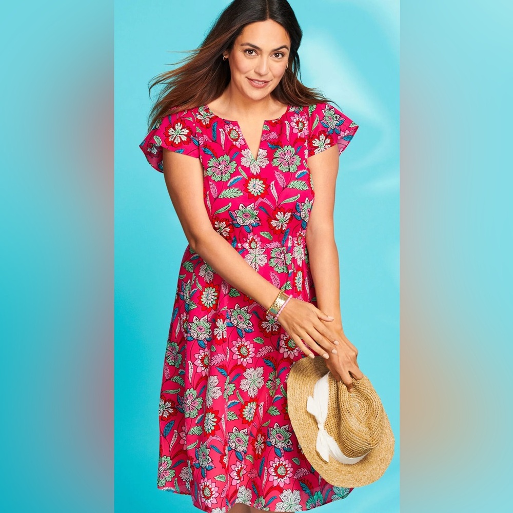 Talbots Flutter Sleeve V Neck Fit Flare Cinched Botanical Floral Dress 16